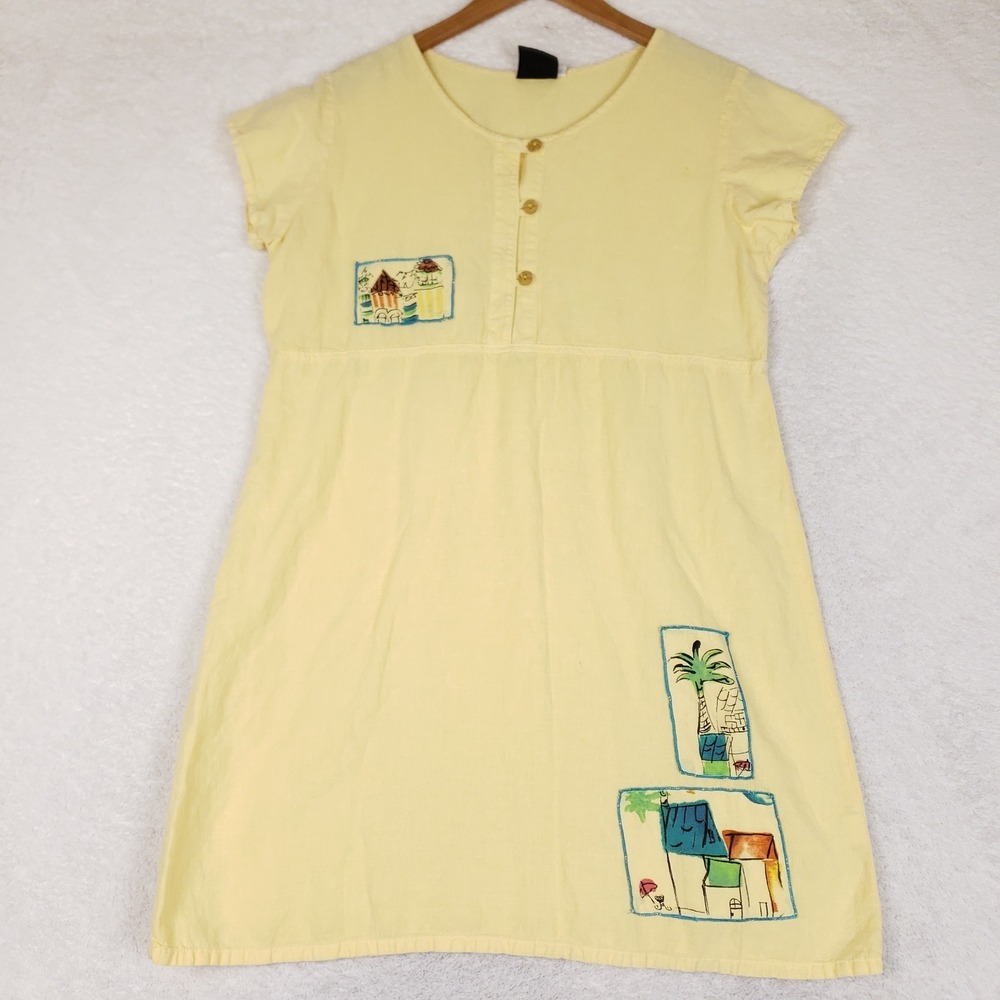 Produce Company Dress Womens Large Yellow Linen Blend Beach House USA VTG 90s